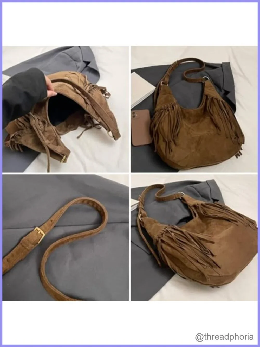 Vintage Fringe Hobo Bag Tote Shoulder Crossbody Purse Women Suede Boho